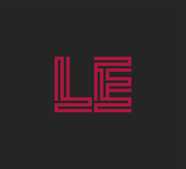 Initial two letter red line shape logo on black vector LE