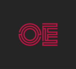 Initial two letter red line shape logo on black vector OE