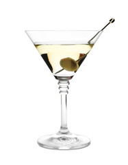 Glass of Classic Dry Martini with olive on white background