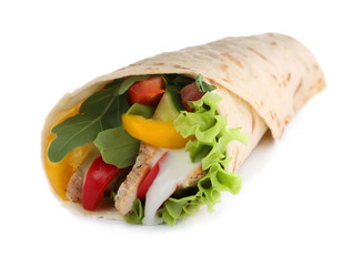 Delicious meat tortilla wrap isolated on white