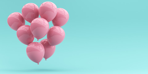Pink balloons on a pastel blue background. 3d render illustration.