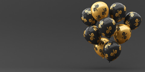 Balloons black with gold and percent on a golden background. 3d render illustration. Black Friday.
