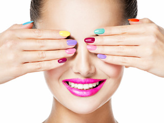 woman  with colored nails and pink lips - obrazy, fototapety, plakaty