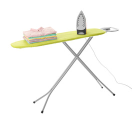 Board with modern iron and clean laundry on white background