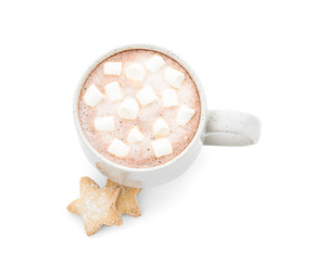 Delicious cocoa drink with marshmallows in cup and cookies on white background, view from above
