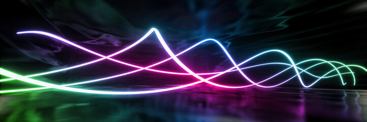 Fototapeta na wymiar Colorful abstract panoramic background: geometric neon curve. ( Car backplate, 3D rendering computer digitally generated illustration.)