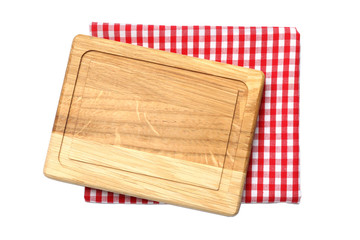 Empty wooden board and checkered napkin isolated on white, top view