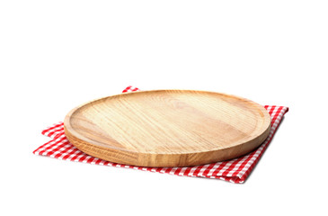 Wooden board and checkered napkin isolated on white