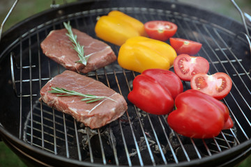 Fresh steaks and vegetables on barbecue grill, closeup