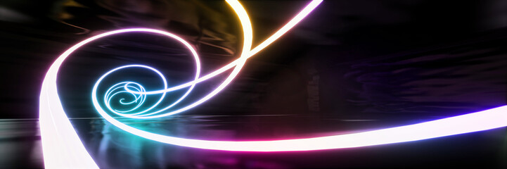 Colorful abstract panoramic background: geometric neon curve.  ( Car backplate, 3D rendering computer digitally generated illustration.)