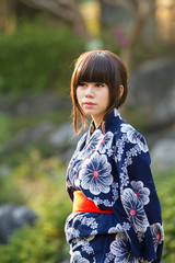 girl in japanese traditional casual summer costume kimono yukata