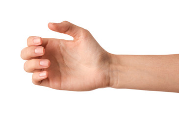 Woman holding something on white background, closeup of hand