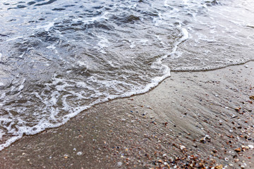 seashell on the sandy beach with ocean tidal waves breaking on a sand beach splashing