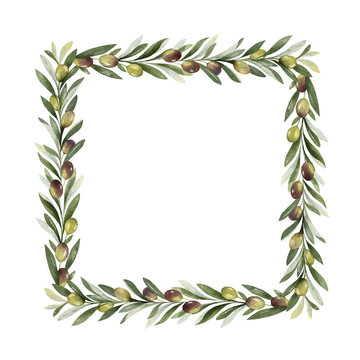 Watercolor vector frame of olive branches and leaves.