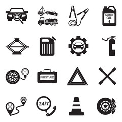 Roadside Assistance And Tow Icons. Black Flat Design. Vector Illustration.
