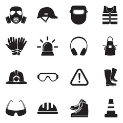 Safety Equipment Icons. Black Flat Design. Vector Illustration.