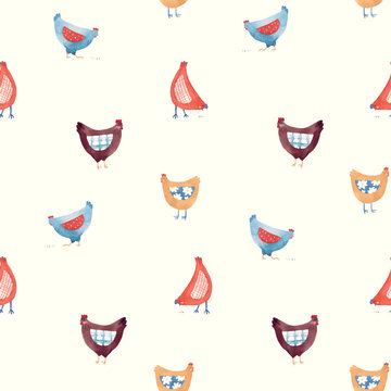 Vector seamless pattern with nice cute watercolor chicken hen bird in rural rustic country style
