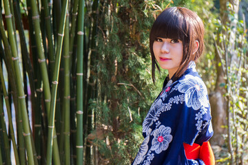 girl in japanese traditional casual summer costume kimono yukata