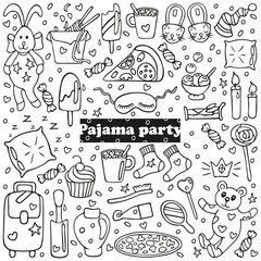 Big set of pajama party icons. Sleepover or slumber party objects in doodle style. Isolated on white background. For banners, cards, coloring book, stickers design. Cute hand drawn vector