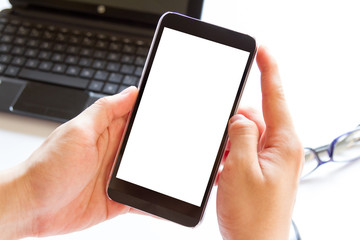 hand using mobile phone with blank screen