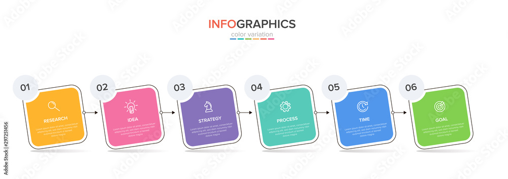 Poster concept of arrow business model with 6 successive steps. six colorful graphic elements. timeline des