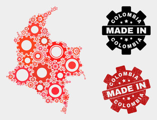 Mosaic industrial Colombia map and grunge stamp. Vector geographic abstraction in red colors. Mosaic of Colombia map combined of scattered gear elements. Red colored model for industrial,