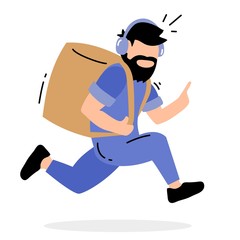 Vector creative illustration of running delivery man with box on