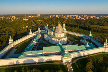 Panorama of the Voskresensky New Jerusalem stauropegial monastery in town Istra, view from above. Moscow region. Russia