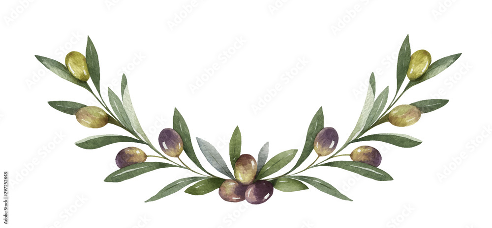 Wall mural watercolor vector wreath of olive branches and berries.