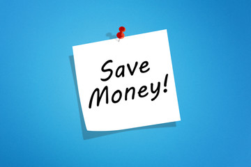 White post it note paper with save money message on blue background