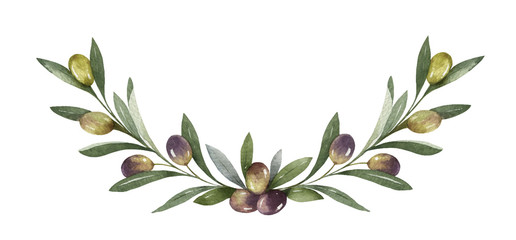 Watercolor vector wreath of olive branches and berries. © ElenaMedvedeva