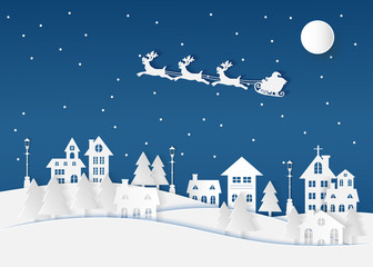 Naklejka premium Winter landscape with houses and trees.Santa Claus on the sky in winter season.Merry Christmas and Happy New Year. paper art design.Vector EPS 10.