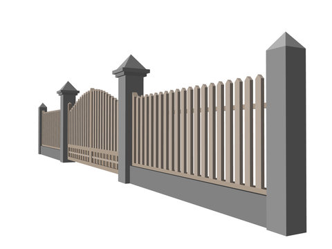Wooden fence with gate. Isolated on white background. Vector illustration.
