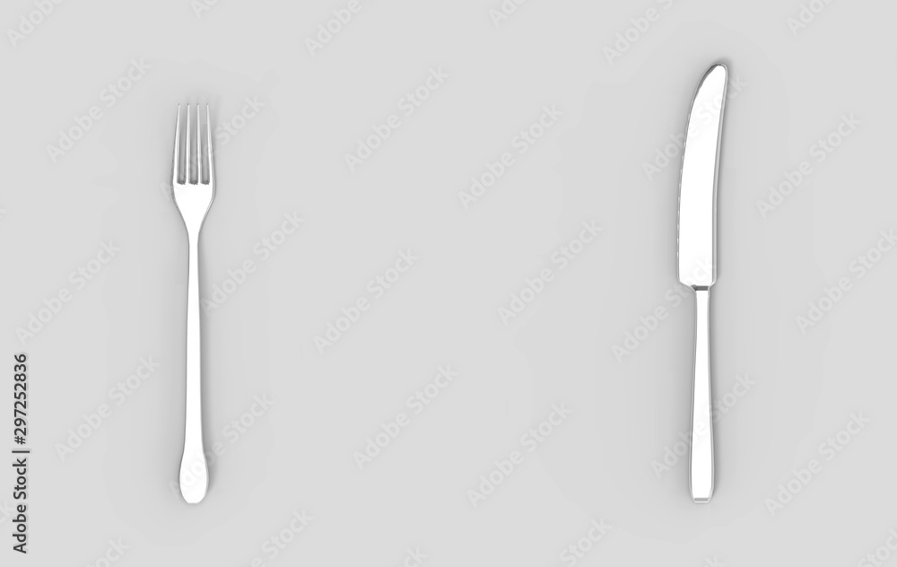 Poster 3d rendering. silver fork and knife on empty gray background.