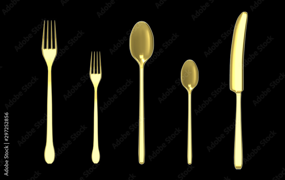 Aufkleber 3d rendering. golden forks spoon and knife silverware with clipping path isolated on black backgroun