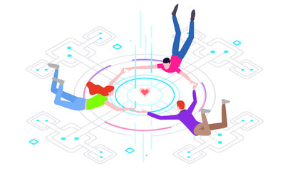 Virtual world of technology. Vector creative illustration of business graphics, the company is engaged in a joint search for ideas in the virtual world of technology.