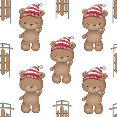 Seamless pattern with Christmas elements, pattern with bear