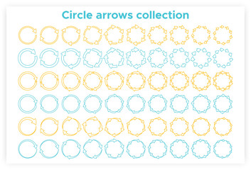 Contour circle arrows set vector illustration. Collection of blue and orange circular arrows, reuse or motion pictograms and reload or refresh icons for presentation, website or infographics
