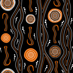 Vector seamless hand drawn pattern including ethnic Australian aboriginal motive with typical elements on black background