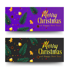 merry christmas golden text and confetti. xmas banner template. fir spruce leaves, bauble ball