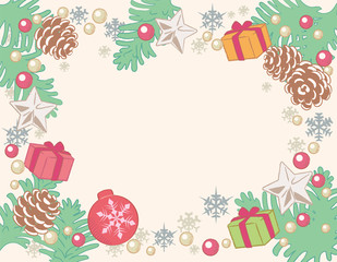 Christmas wreath with pine branches and decorative items. Vector illustration.