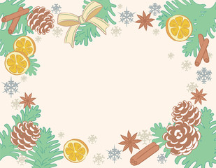Christmas wreath with pine branches and decorative items. Vector illustration.