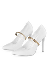 Object photo of a white leather high heels with light golden shoe straps on a middle of shoes. The...