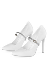Object photo of a white leather high heels with silver shoe straps on a middle of shoes. The photo...