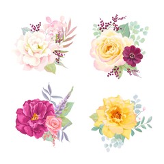 Flowers set decors with colorful roses, gentle hydrangea, leaves and branches. Vector floral compositions on white background in vintage watercolor style. Summer blossoming collection for your design.