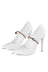 Object photo of a white leather high heels with powder shoe straps on a middle of shoes. The photo...