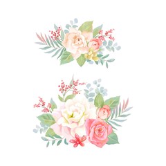 Flowers set of decorations with roses, leaves and branches in pastel colors. Vector floral illustration in retro style.