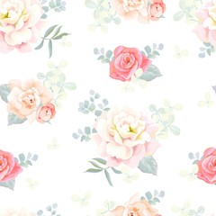 Seamless flowers pattern with roses, leaves and branches hydrangea. Vector floral romantic illustration in retro style on white background.