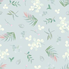 Seamless pattern with tender inflorescences hydrangea, leaves and branches in pastel colors. Vector floral illustration in vintage style on turquoise background.