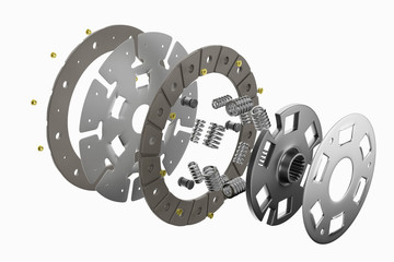 3d rendering. Spare parts for car and truck clutch disk. Auto parts for transmission. Separate image of all in clutch disk objects. - obrazy, fototapety, plakaty